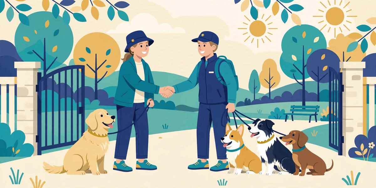 Illustration of a dog owner meeting a professional dog walker