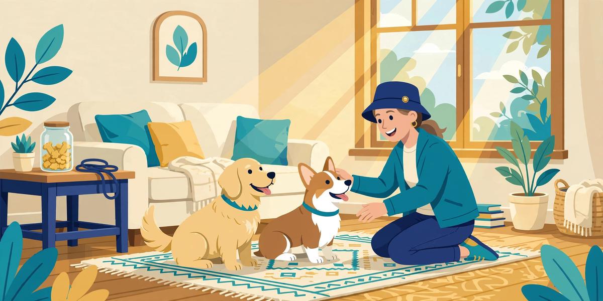 Illustration of a pet sitter playing with dogs in a living room