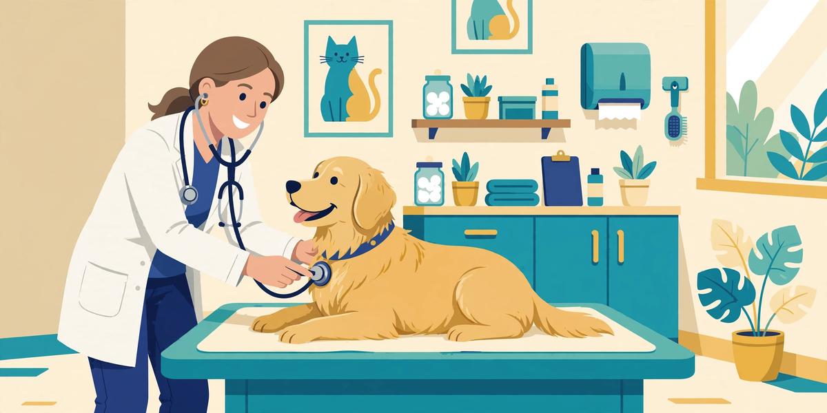 Illustration of a veterinarian examining a happy dog