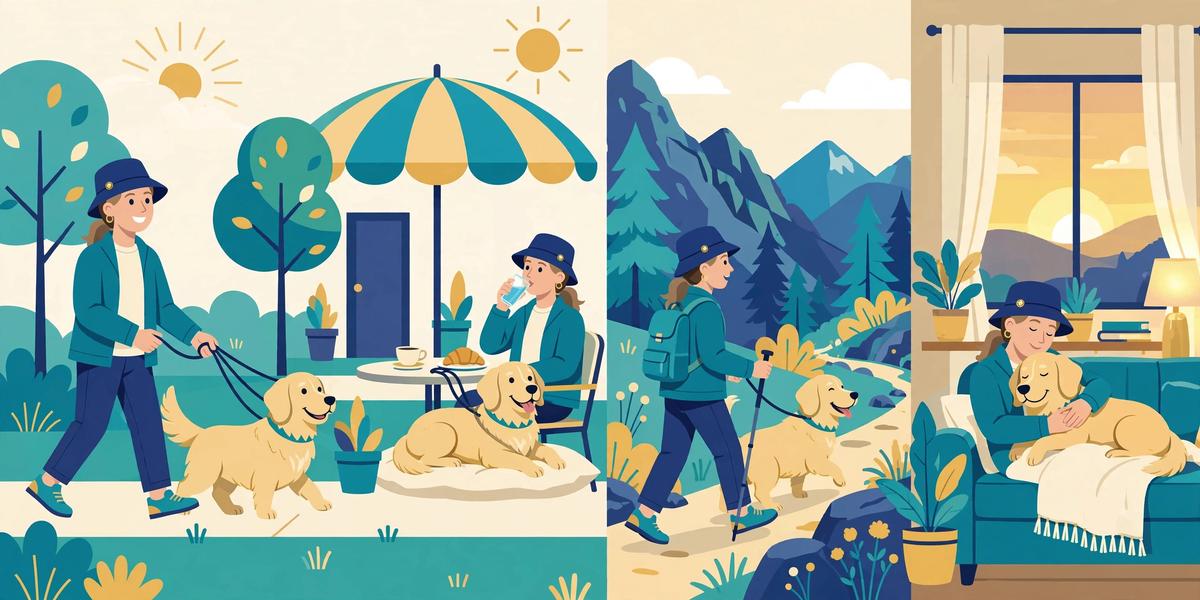 Illustration of a perfect dog day from morning walk to evening cuddle