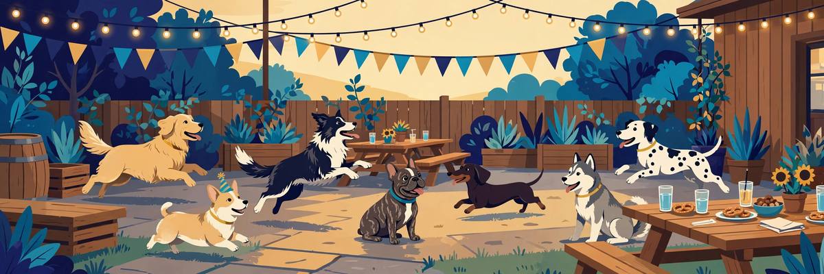 Illustration of dogs partying on a brewery patio strung with lights