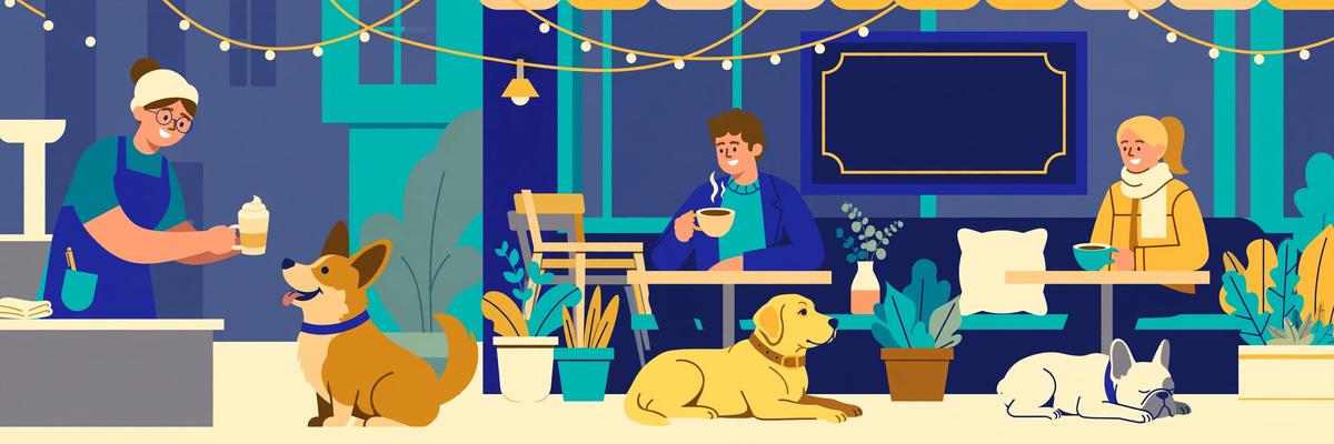 Illustration of dogs at a sidewalk cafe with their owners