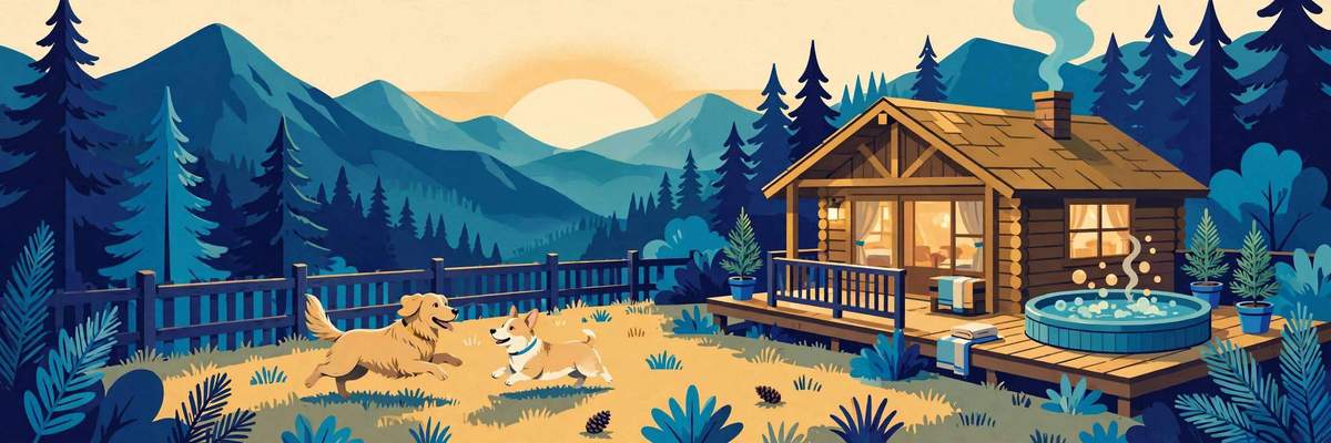 Illustration of a mountain cabin in the Blue Ridge with dogs playing in the yard