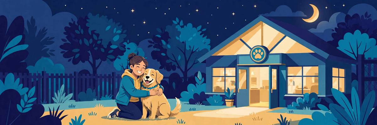Illustration of a dog owner searching for their lost dog in a Northern Virginia neighborhood at dusk
