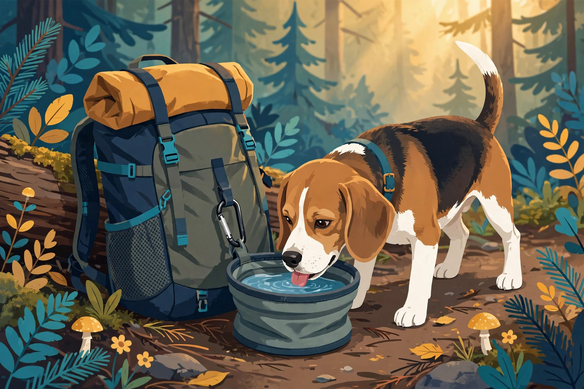 Illustration of a collapsible trail dog bowl with a beagle drinking on a forest trail