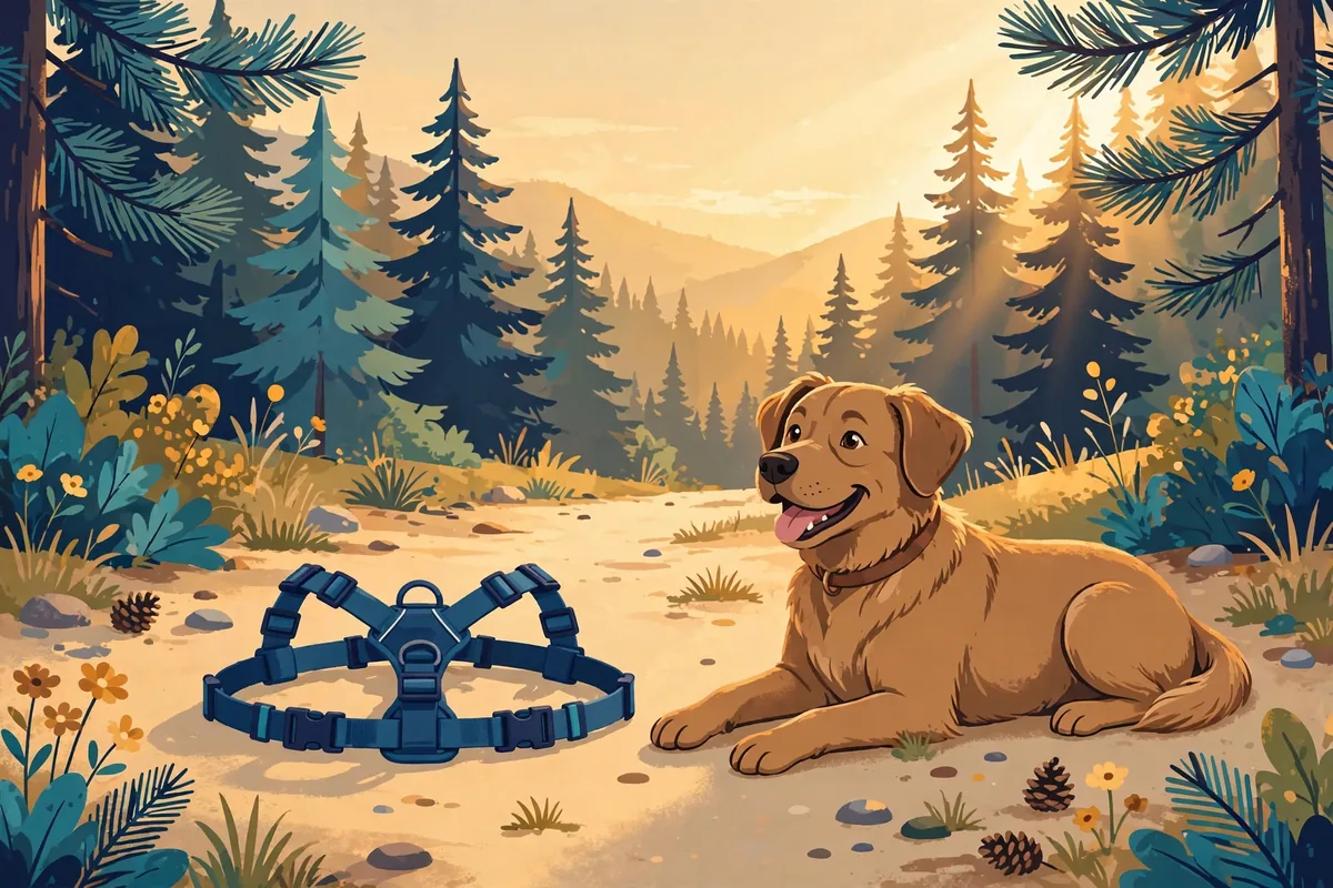 Illustration of an adjustable dog harness beside a brown dog on a sunny hiking trail