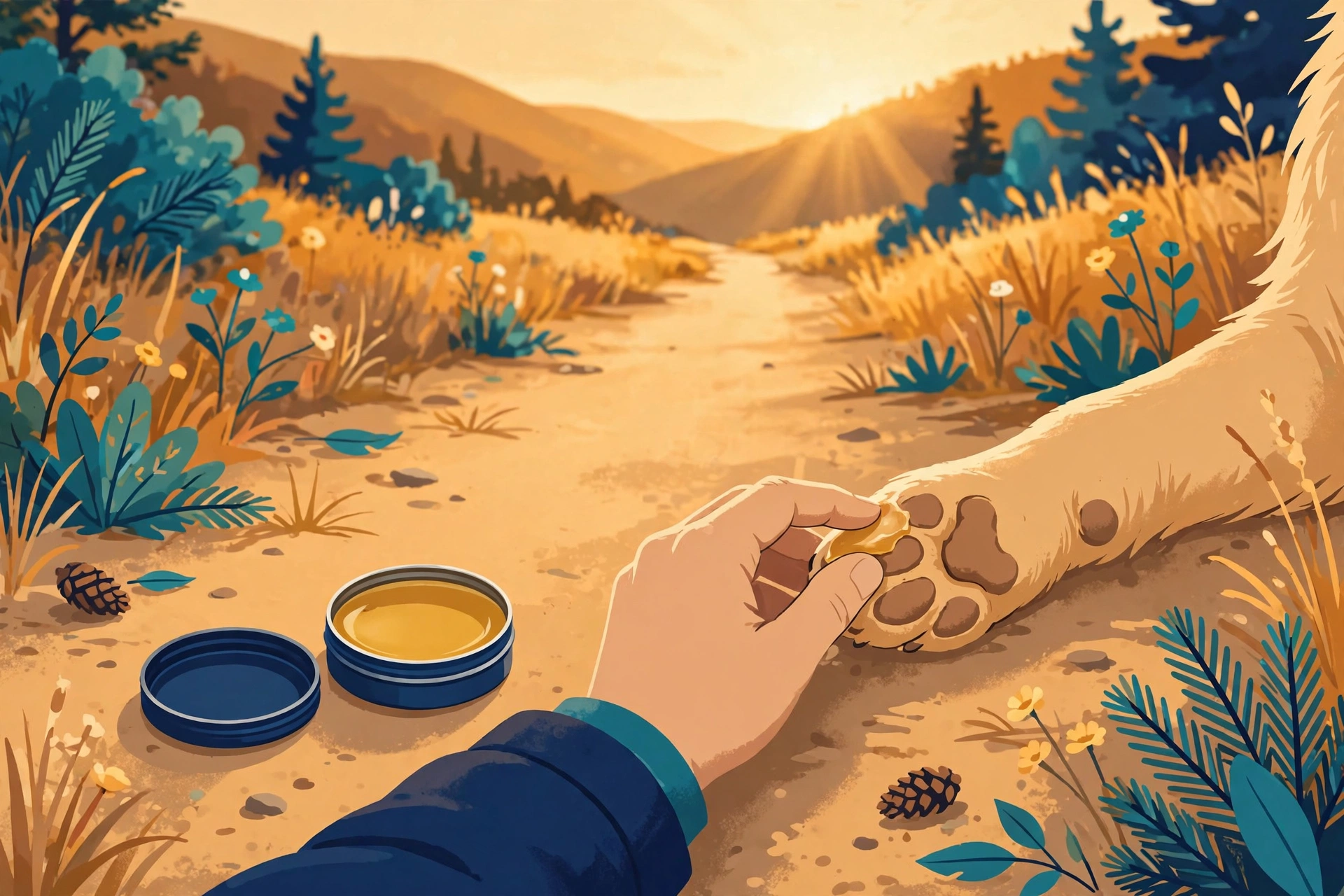 Illustration of paw balm being applied to a dog’s paw on a sunny trail