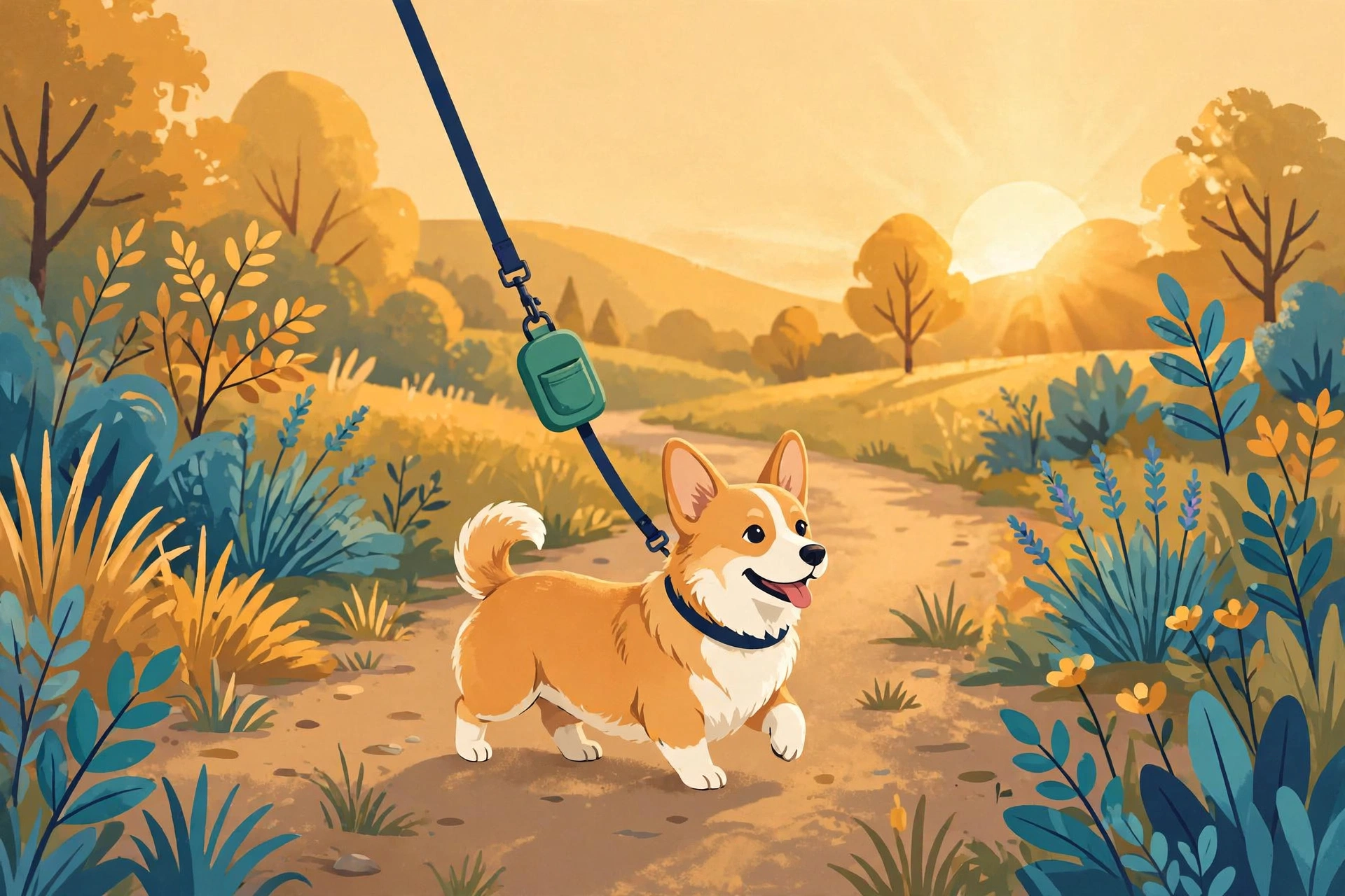 Illustration of a poop-bag dispenser clipped to a leash with a corgi on a park trail