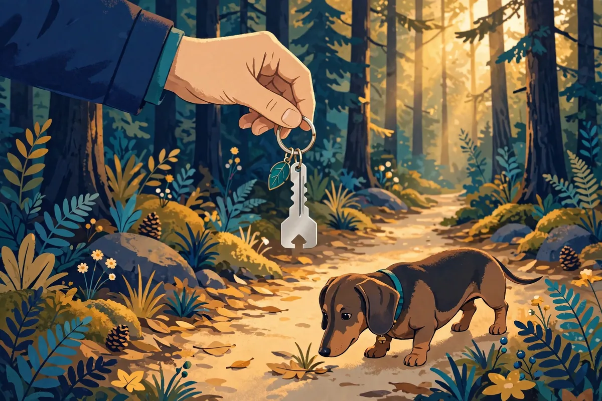 Illustration of a key-shaped tick removal tool on a keyring above a forest trail with a dachshund