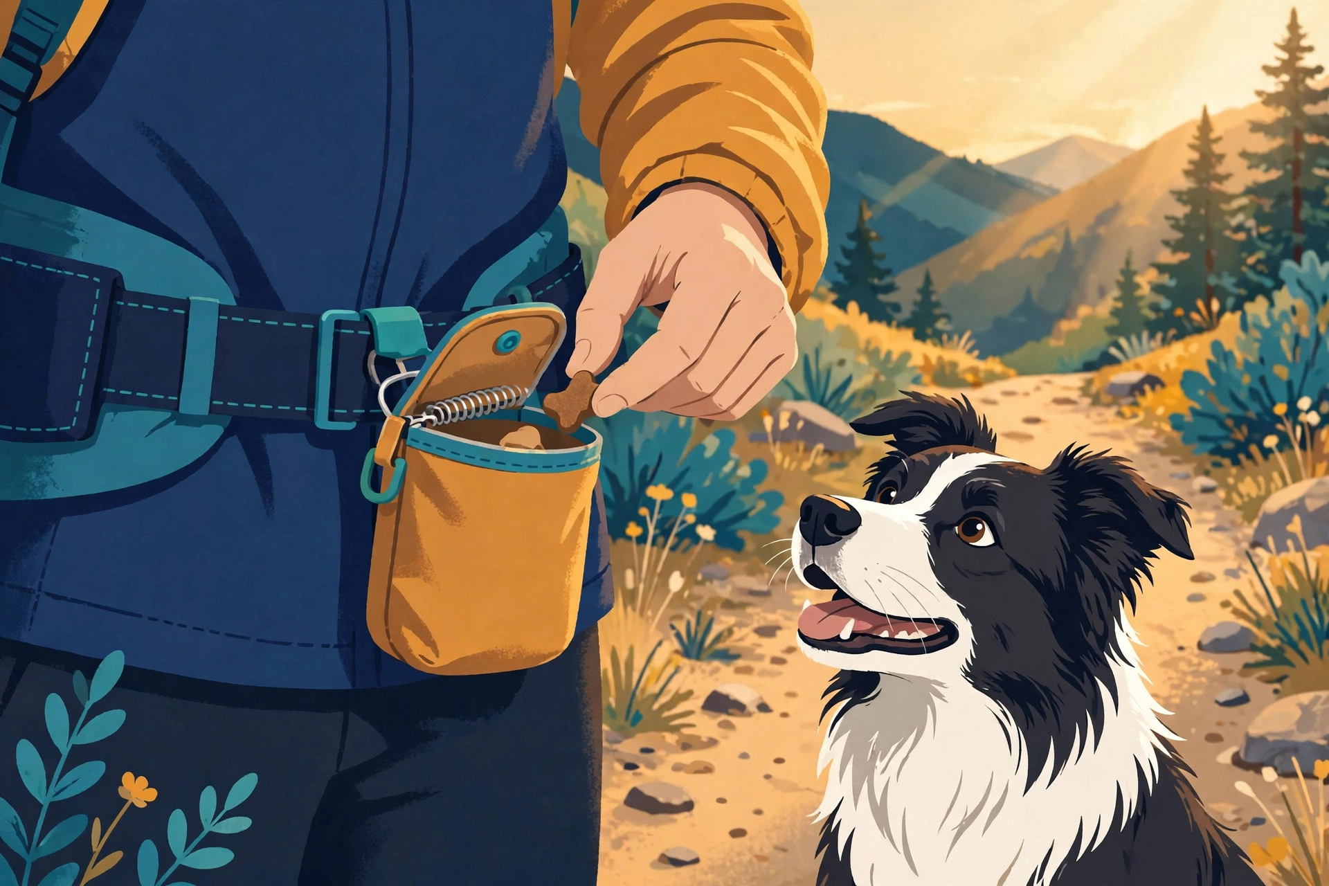 Illustration of a treat pouch on a hiker’s belt with a border collie watching eagerly