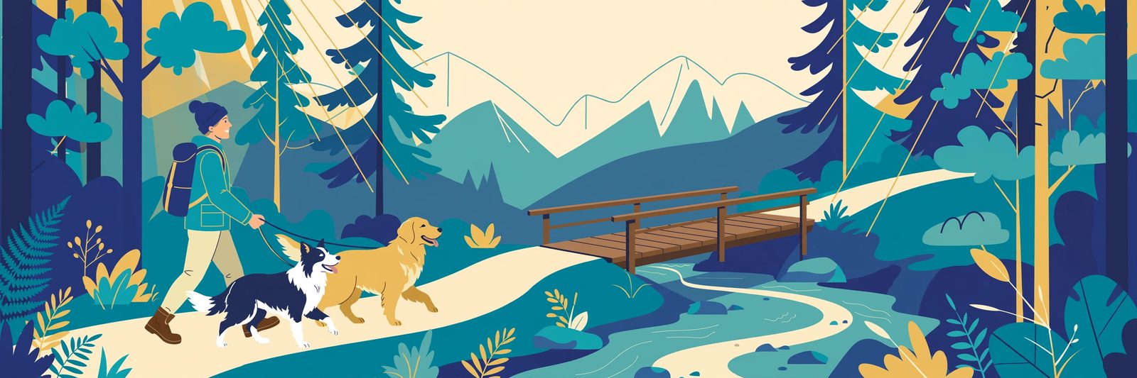 Illustration of a hiker with dogs on a forest trail
