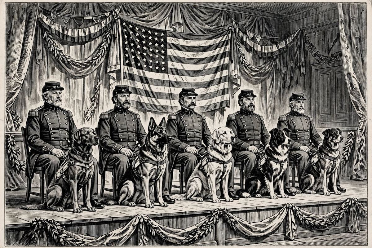 Ink illustration: service dogs seated in a row beside their veteran handlers at a graduation ceremony