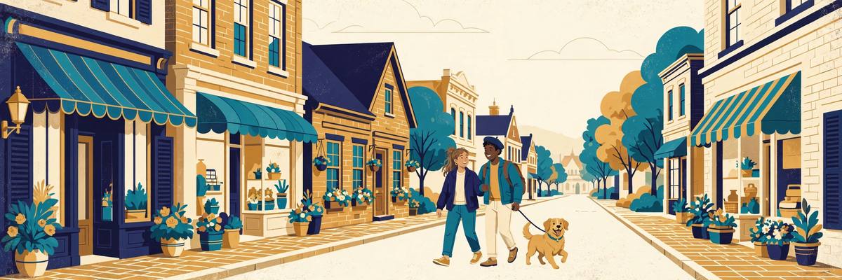 Illustration of a couple walking a dog down a historic main street