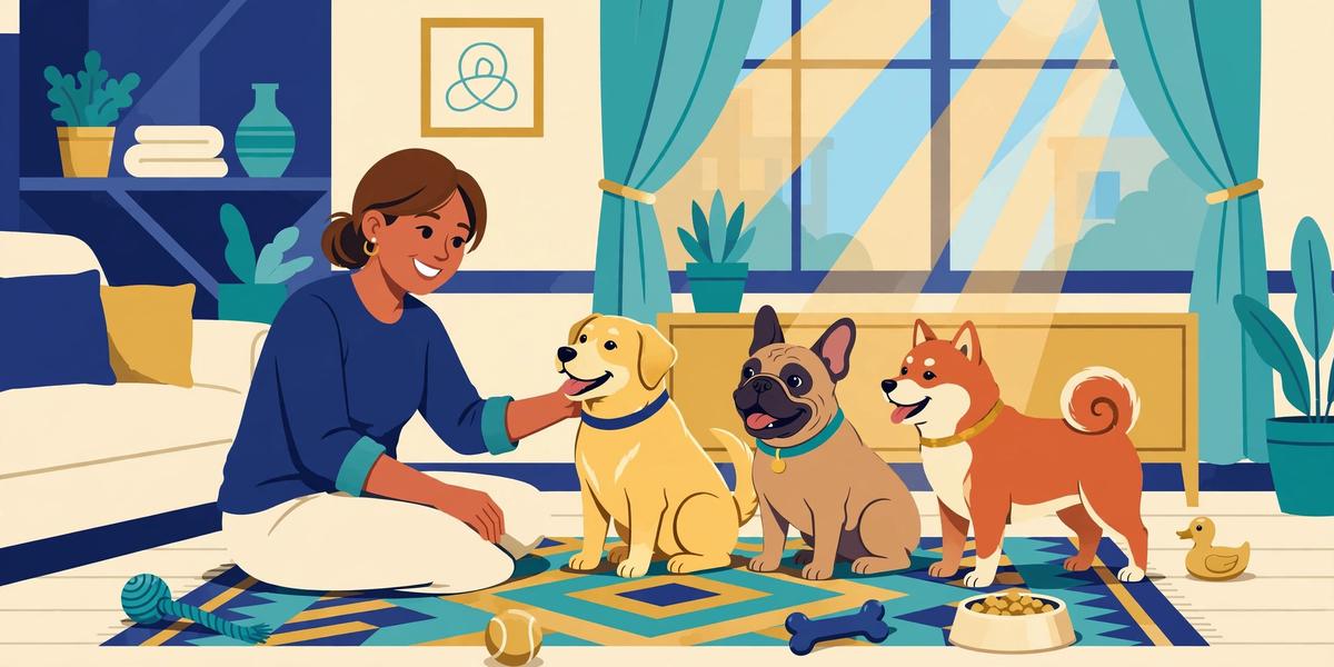 Illustration of a pet sitter playing with dogs in a cozy living room
