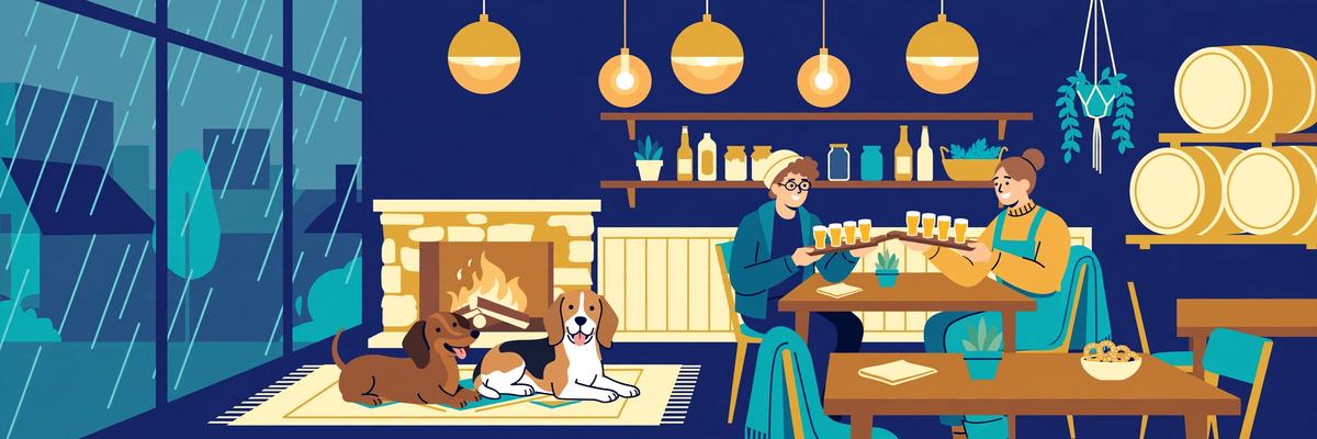 Illustration of a dog napping indoors on a rainy day