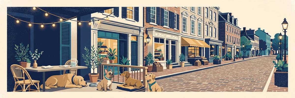 Illustration of dogs on a patio on a historic Alexandria street