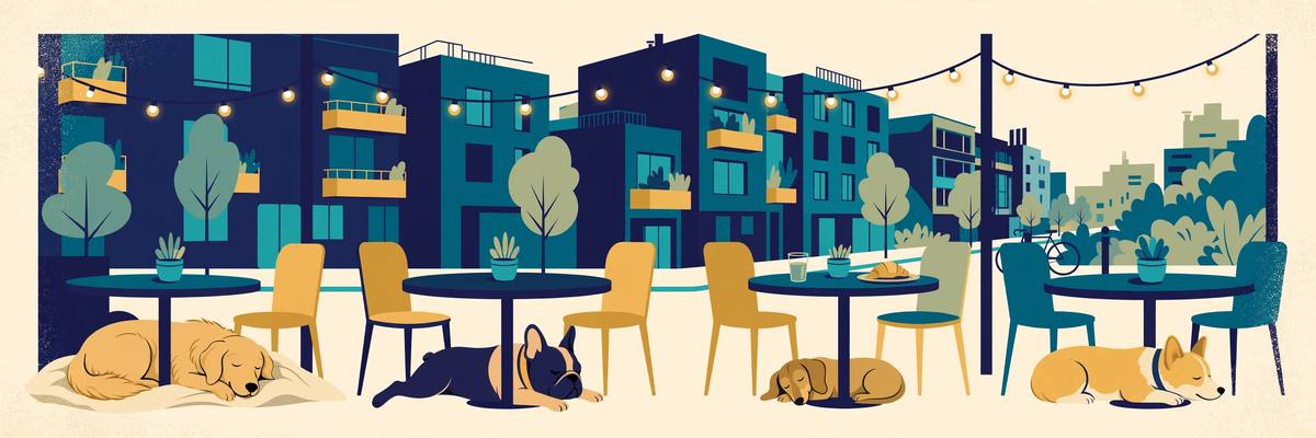 Illustration of dogs on an Arlington restaurant patio
