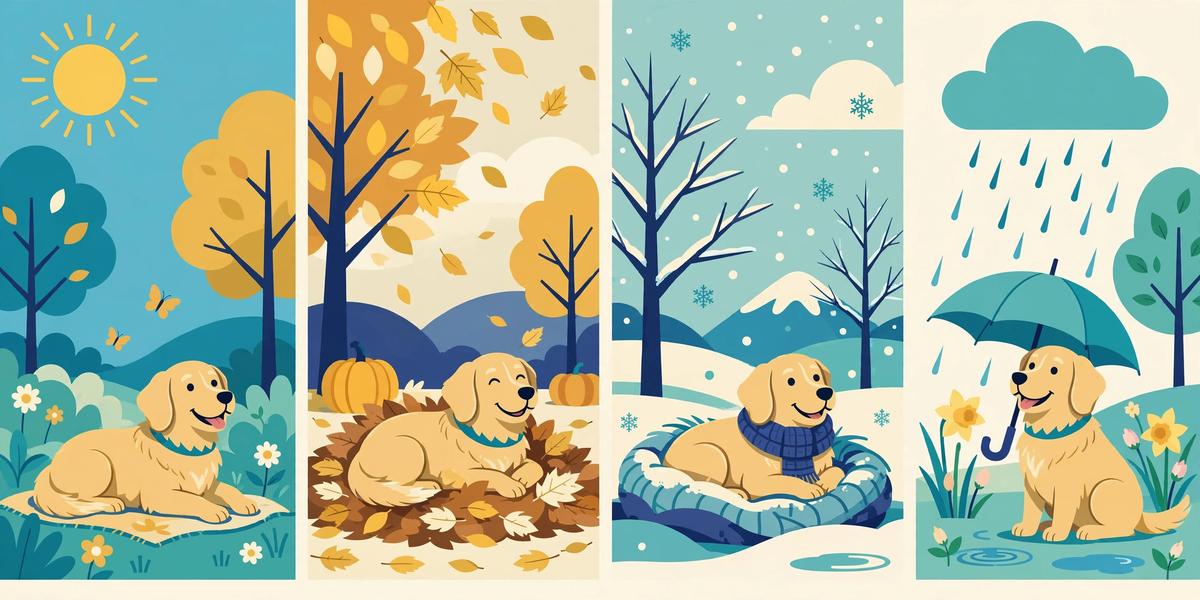 Illustration of a dog in all four seasons of NoVA weather